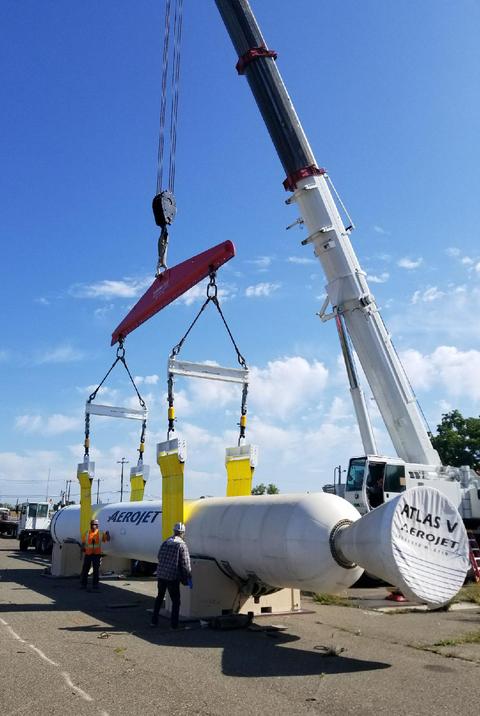 loading a 110,000 pound rocket motor in Rancho Cordova, CA with engineered spreader bars and lifting straps